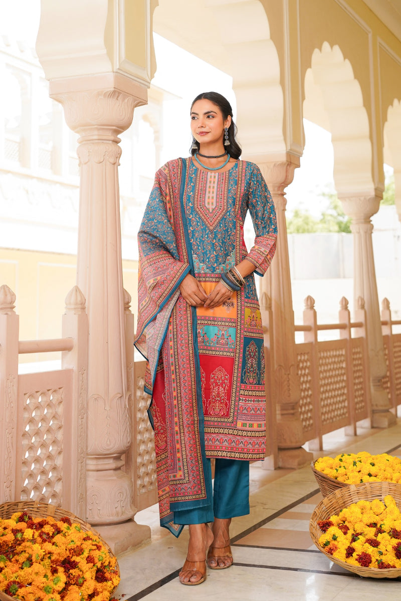 Blue Rayon Blend Ethnic Motifs Printed Straight Kurta Trouser With Dupatta SKSKD3060