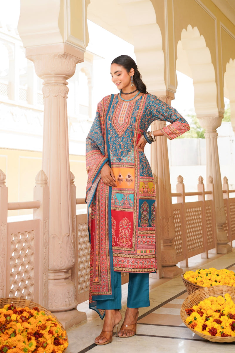 Blue Rayon Blend Ethnic Motifs Printed Straight Kurta Trouser With Dupatta SKSKD3060