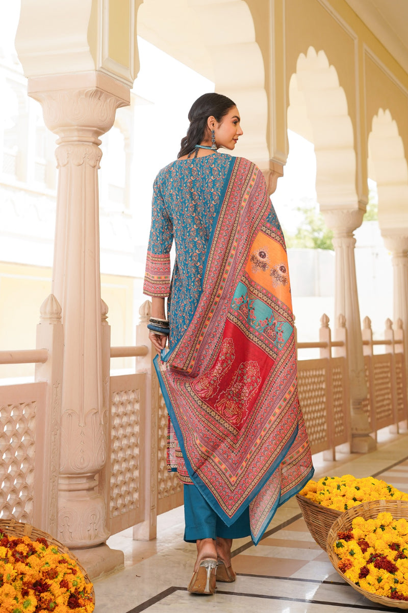 Blue Rayon Blend Ethnic Motifs Printed Straight Kurta Trouser With Dupatta SKSKD3060