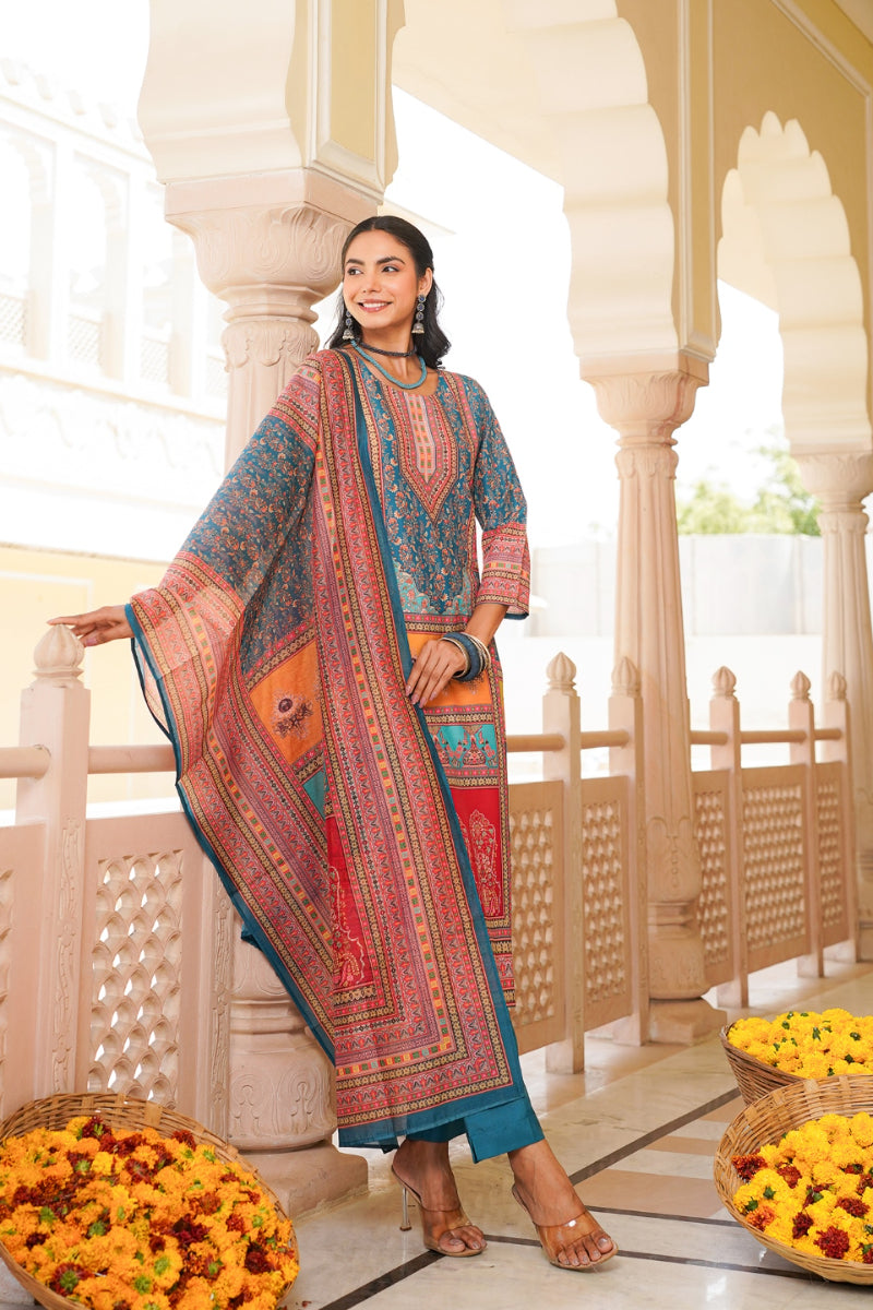 Blue Rayon Blend Ethnic Motifs Printed Straight Kurta Trouser With Dupatta SKSKD3060