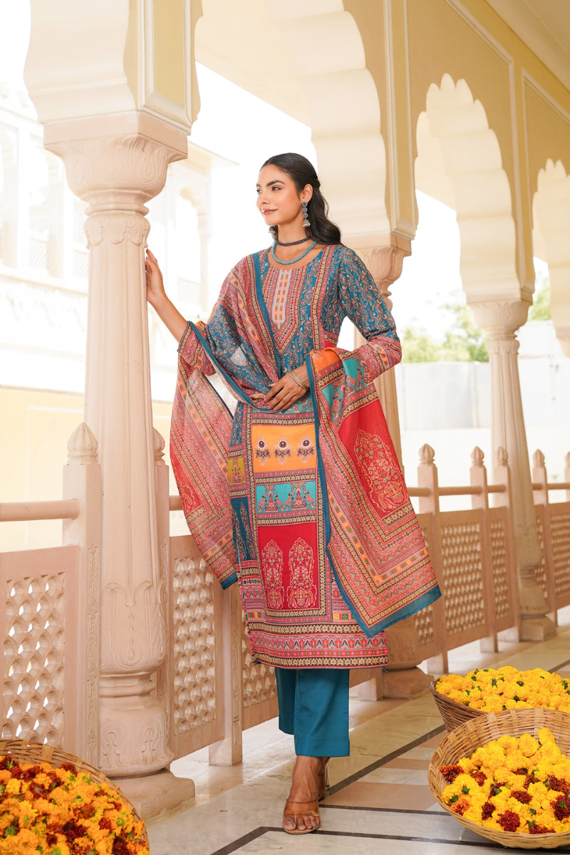 Blue Rayon Blend Ethnic Motifs Printed Straight Kurta Trouser With Dupatta SKSKD3060