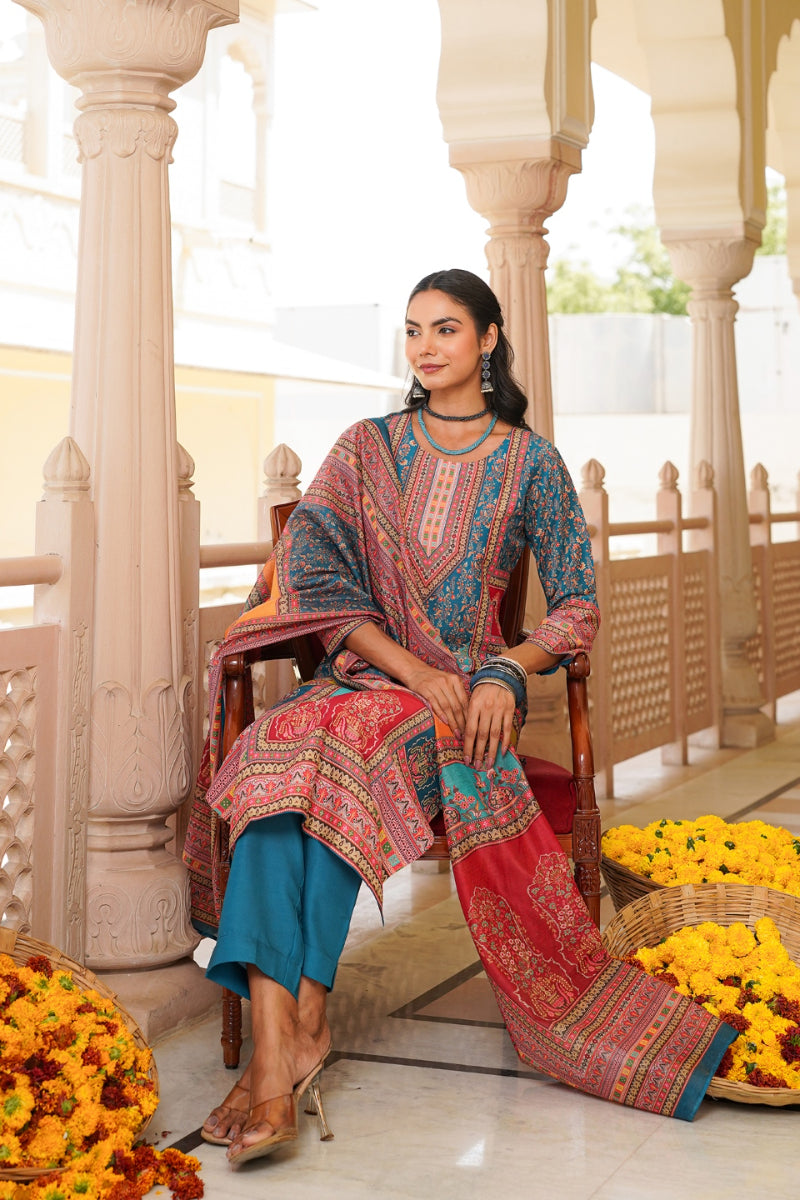Blue Rayon Blend Ethnic Motifs Printed Straight Kurta Trouser With Dupatta SKSKD3060