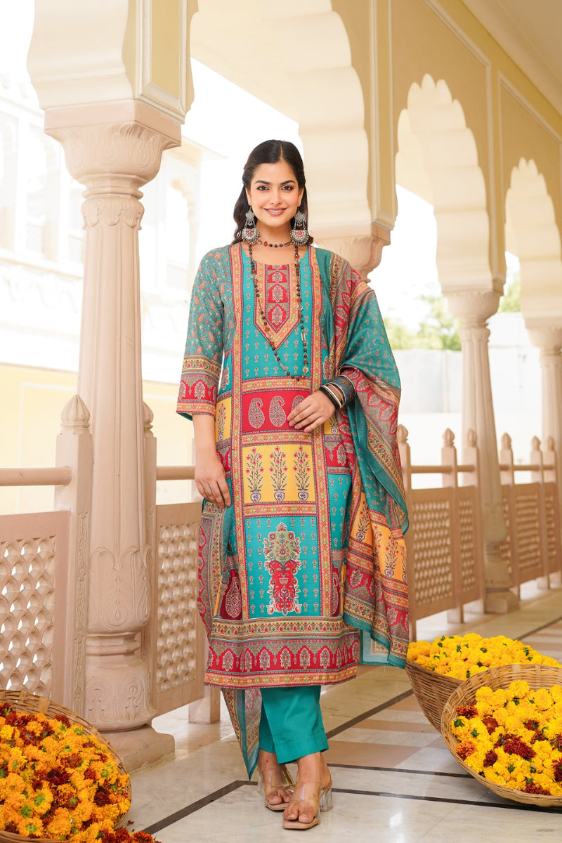 Blue Rayon Blend Ethnic Motifs Printed Straight Kurta Trouser With Dupatta SKSKD3062