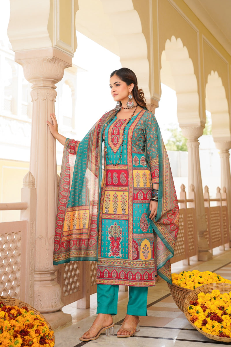 Blue Rayon Blend Ethnic Motifs Printed Straight Kurta Trouser With Dupatta SKSKD3062