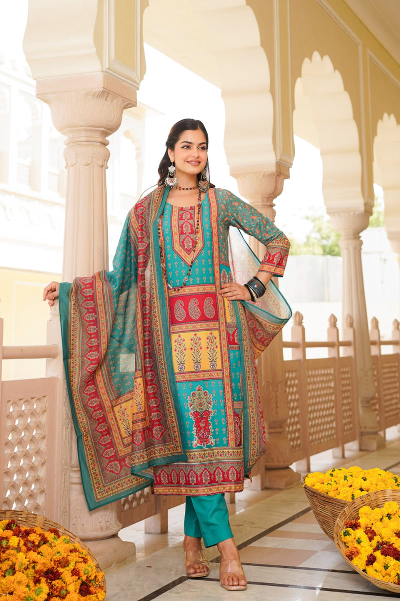 Blue Rayon Blend Ethnic Motifs Printed Straight Kurta Trouser With Dupatta SKSKD3062