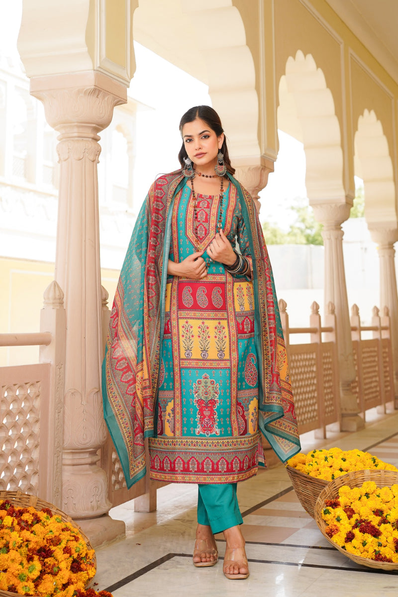 Blue Rayon Blend Ethnic Motifs Printed Straight Kurta Trouser With Dupatta SKSKD3062