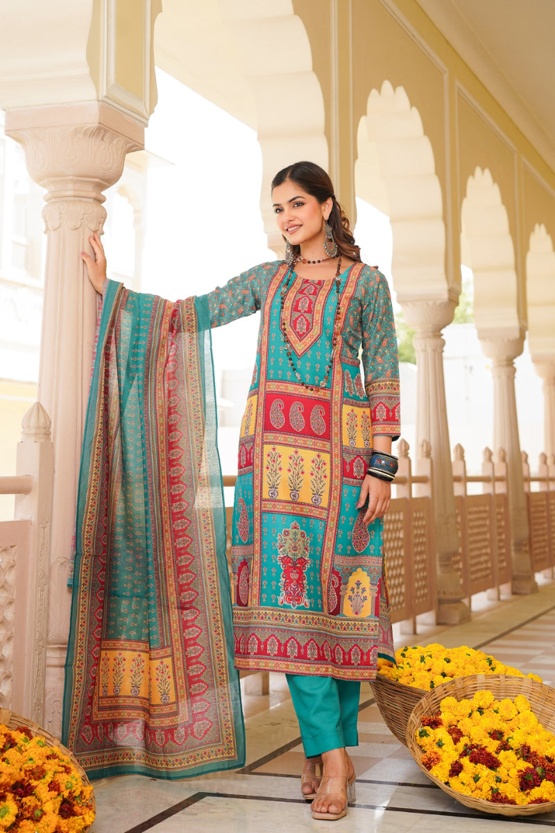 Blue Rayon Blend Ethnic Motifs Printed Straight Kurta Trouser With Dupatta SKSKD3062