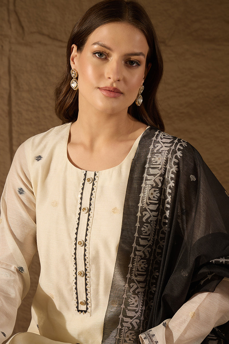 Off White Chanderi Woven Design Jacquard Straight Kurta Trouser with Dupatta SKSKD3068