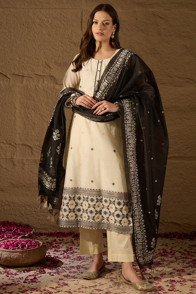 Off White Chanderi Woven Design Jacquard Straight Kurta Trouser with Dupatta SKSKD3068