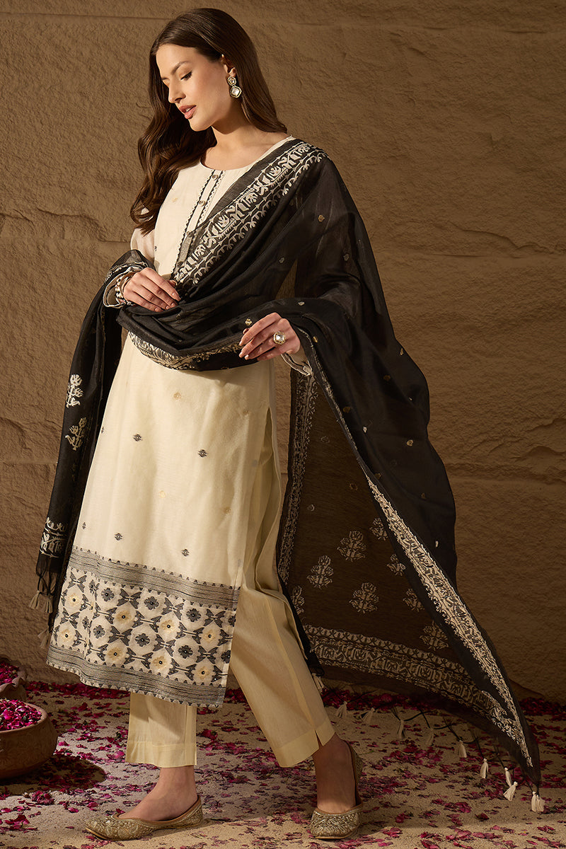 Off White Chanderi Woven Design Jacquard Straight Kurta Trouser with Dupatta SKSKD3068