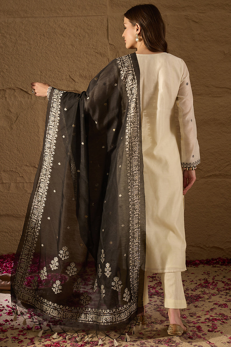 Off White Chanderi Woven Design Jacquard Straight Kurta Trouser with Dupatta SKSKD3068