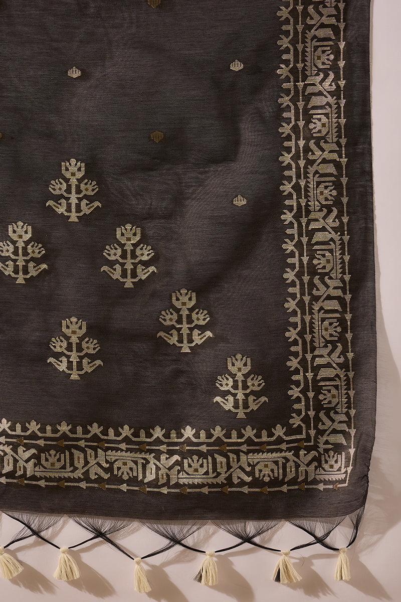 Off White Chanderi Woven Design Jacquard Straight Kurta Trouser with Dupatta SKSKD3068