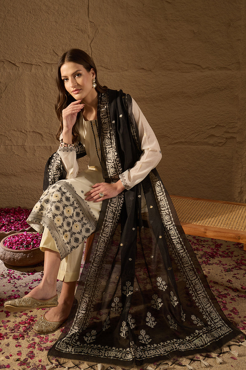 Off White Chanderi Woven Design Jacquard Straight Kurta Trouser with Dupatta SKSKD3068
