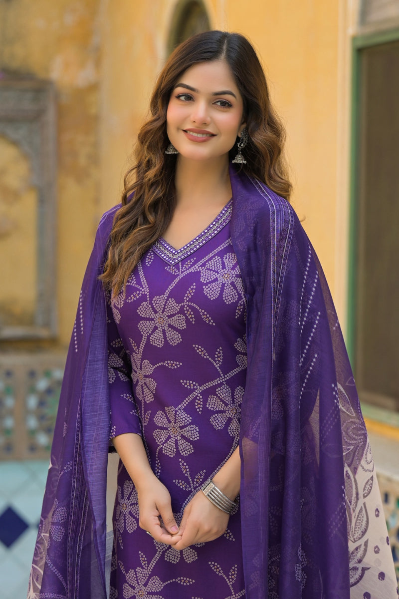 Purple Rayon Blend Bandhani Printed Straight Kurta Trouser With Dupatta SKSKD3083