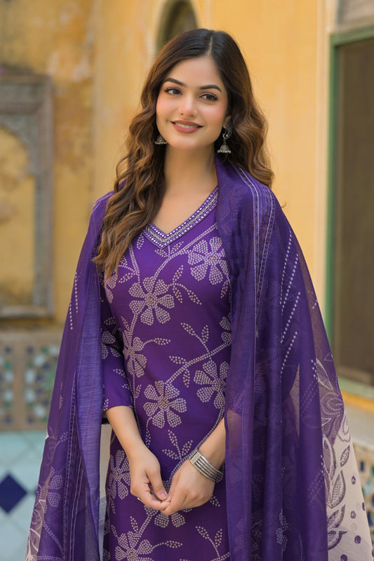 Purple Rayon Blend Bandhani Printed Straight Kurta Trouser With Dupatta SKSKD3083