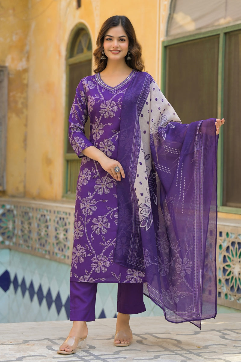 Purple Rayon Blend Bandhani Printed Straight Kurta Trouser With Dupatta SKSKD3083