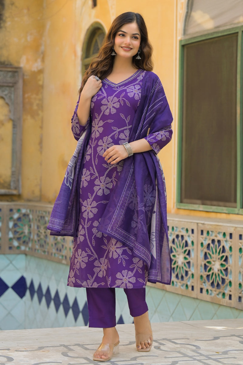 Purple Rayon Blend Bandhani Printed Straight Kurta Trouser With Dupatta SKSKD3083