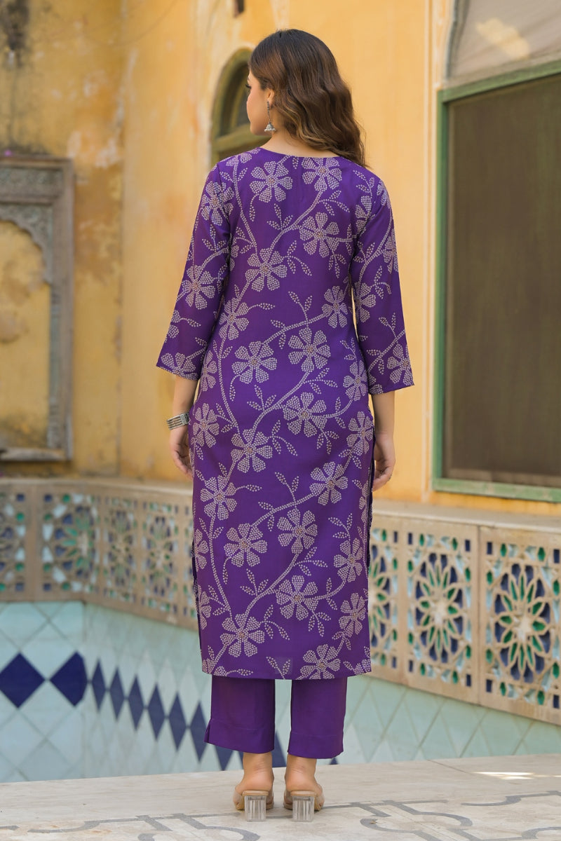 Purple Rayon Blend Bandhani Printed Straight Kurta Trouser With Dupatta SKSKD3083