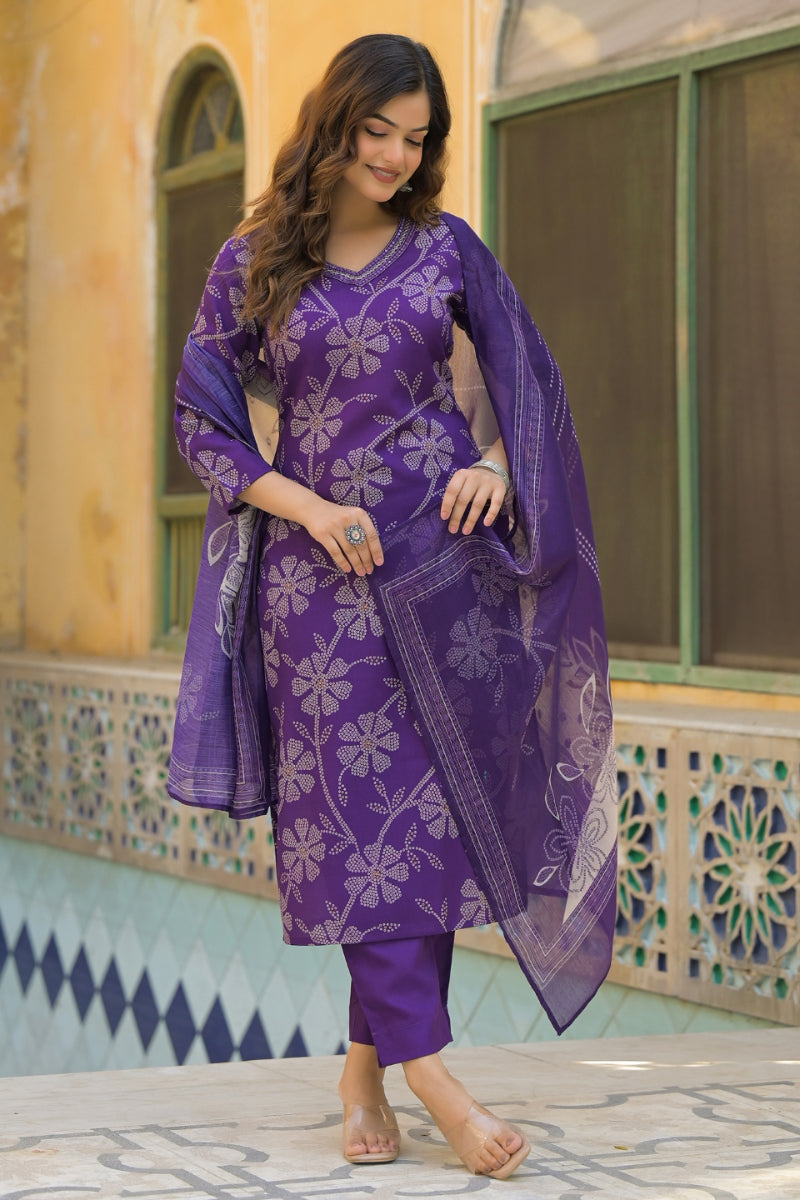 Purple Rayon Blend Bandhani Printed Straight Kurta Trouser With Dupatta SKSKD3083