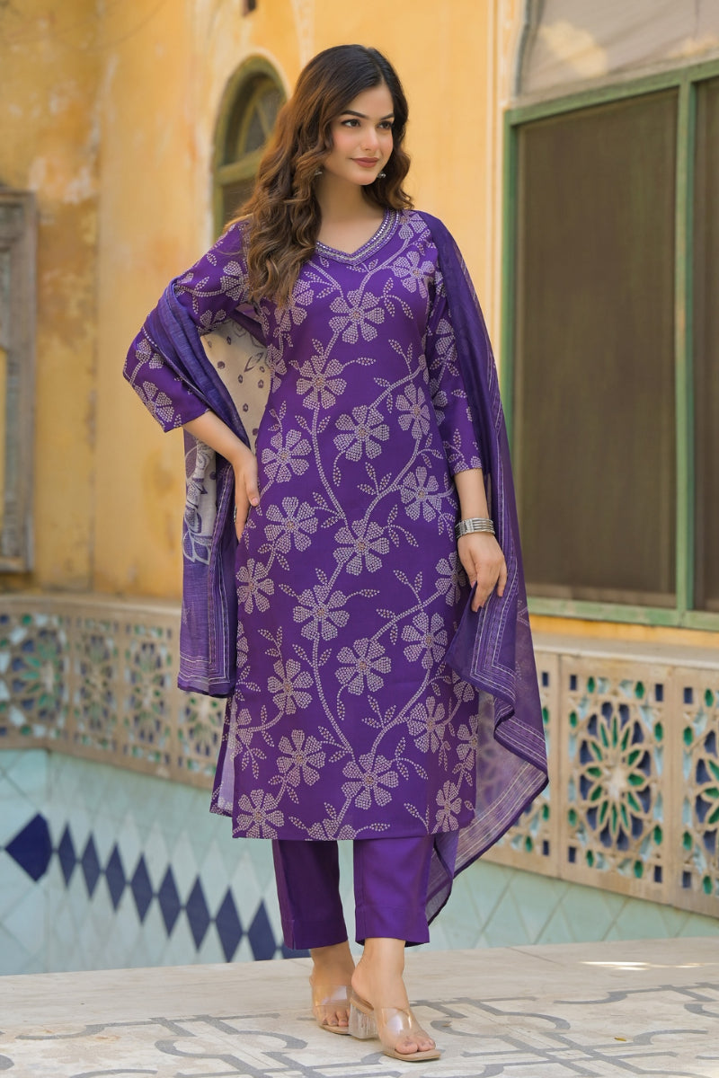 Purple Rayon Blend Bandhani Printed Straight Kurta Trouser With Dupatta SKSKD3083