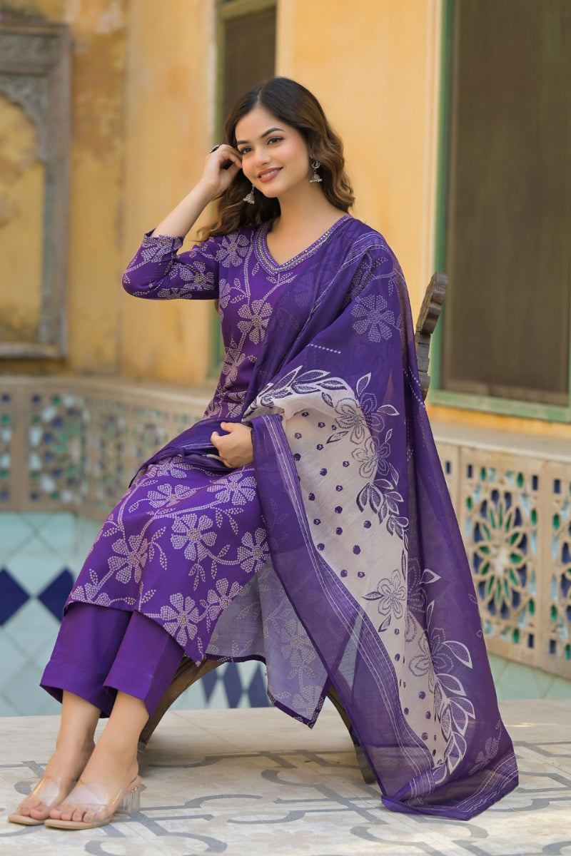 Purple Rayon Blend Bandhani Printed Straight Kurta Trouser With Dupatta SKSKD3083