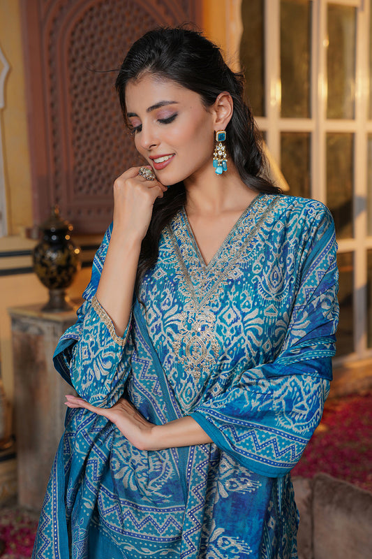 Blue Silk Blend Ikat Printed Straight Kurta Trousers With Dupatta SKSKD3103
