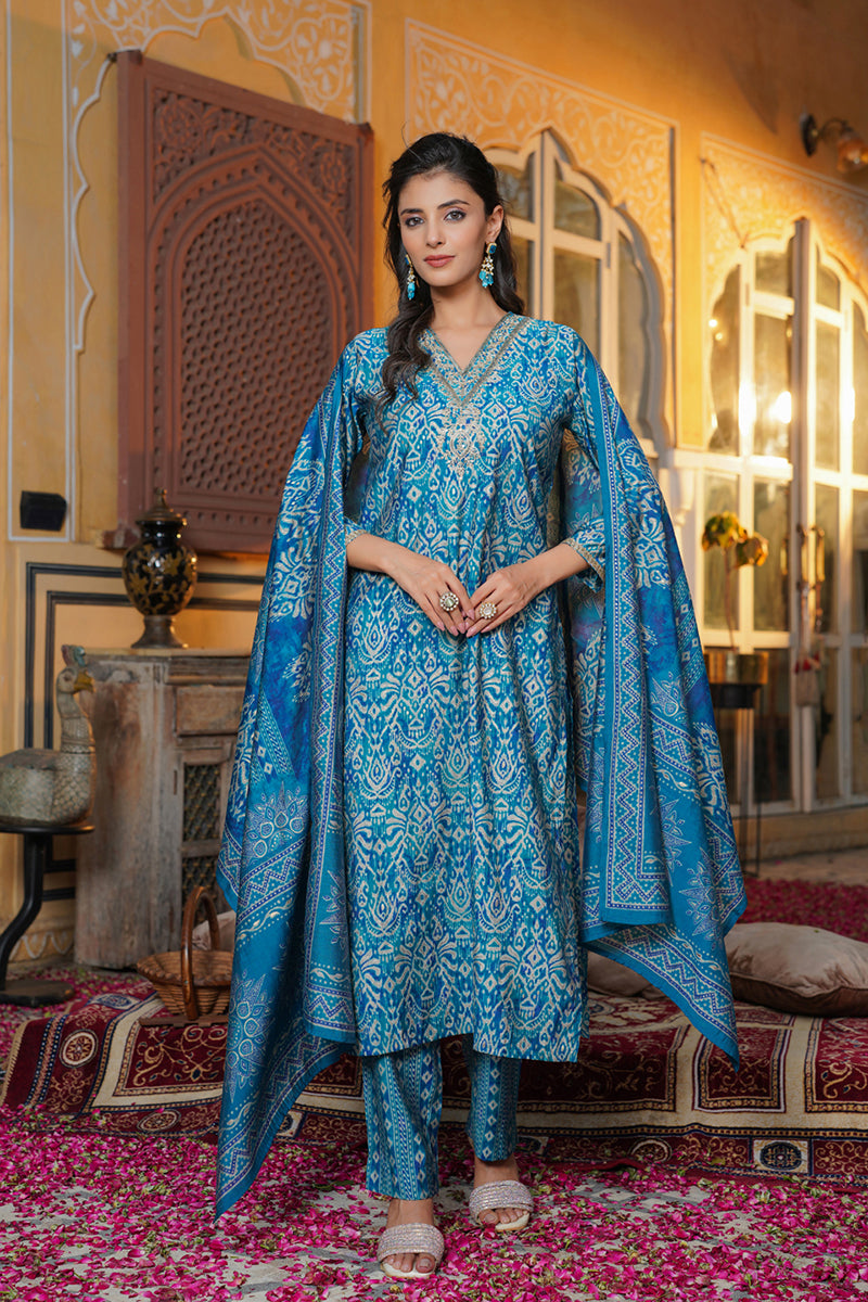 Blue Silk Blend Ikat Printed Straight Kurta Trousers With Dupatta SKSKD3103