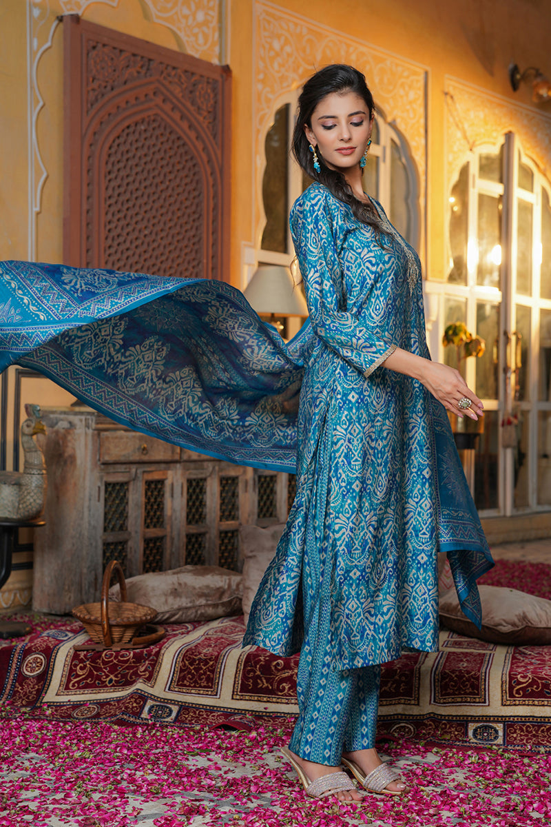 Blue Silk Blend Ikat Printed Straight Kurta Trousers With Dupatta SKSKD3103