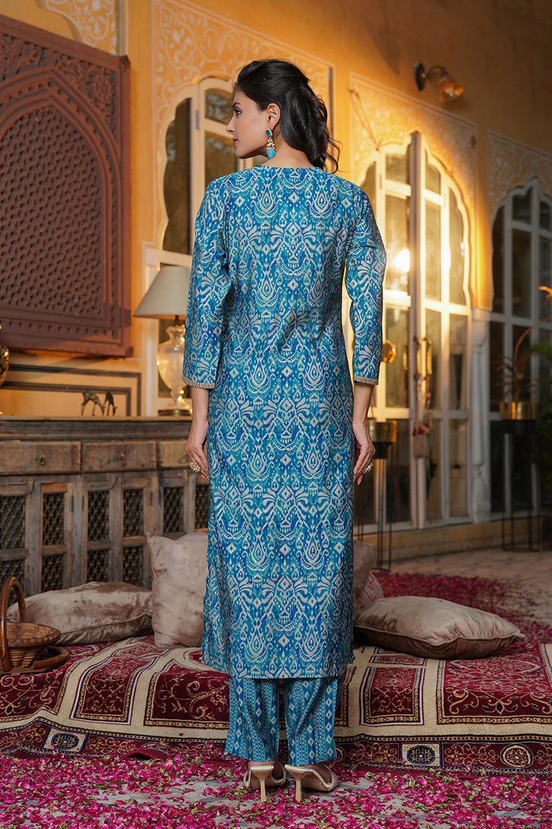Blue Silk Blend Ikat Printed Straight Kurta Trousers With Dupatta SKSKD3103