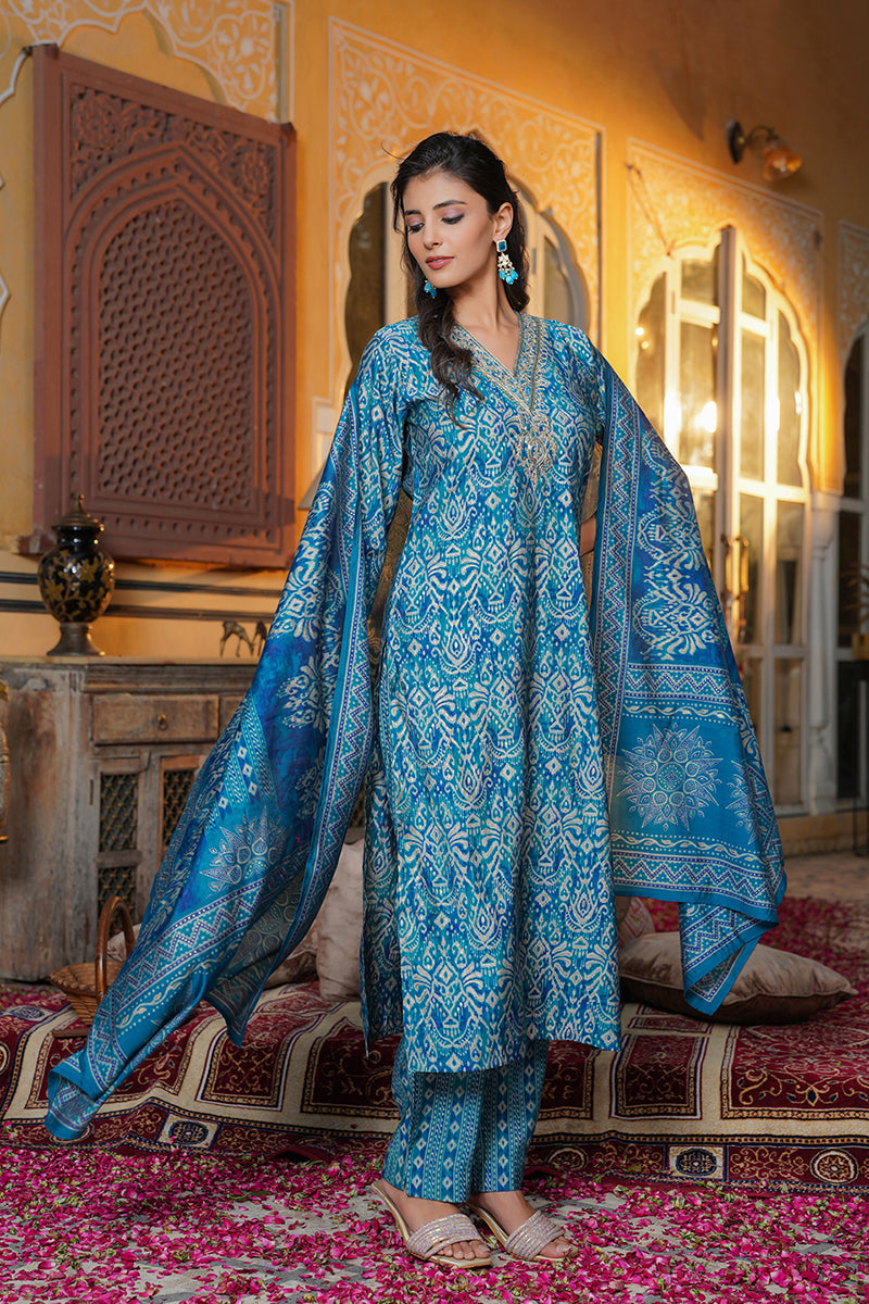 Blue Silk Blend Ikat Printed Straight Kurta Trousers With Dupatta SKSKD3103