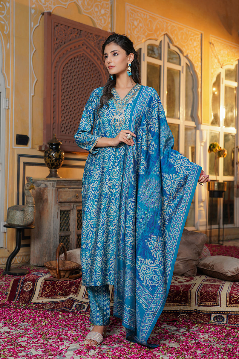 Blue Silk Blend Ikat Printed Straight Kurta Trousers With Dupatta SKSKD3103