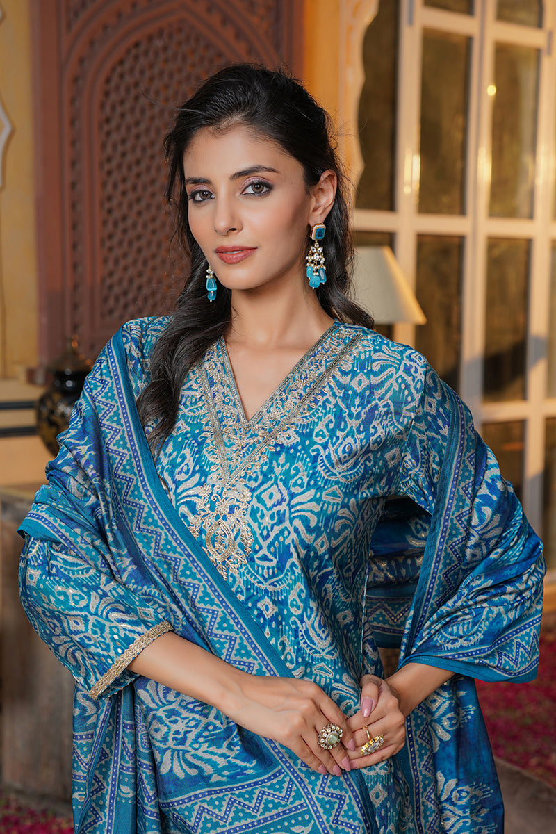 Blue Silk Blend Ikat Printed Straight Kurta Trousers With Dupatta SKSKD3103
