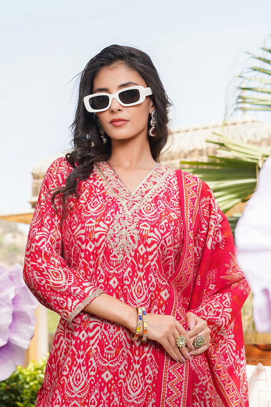 Red Silk Blend Ikat Printed Straight Kurta Trousers With Dupatta SKSKD3104