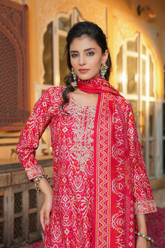 Red Silk Blend Ikat Embroidered Straight Kurta Trousers With Dupatta SKSKD3105