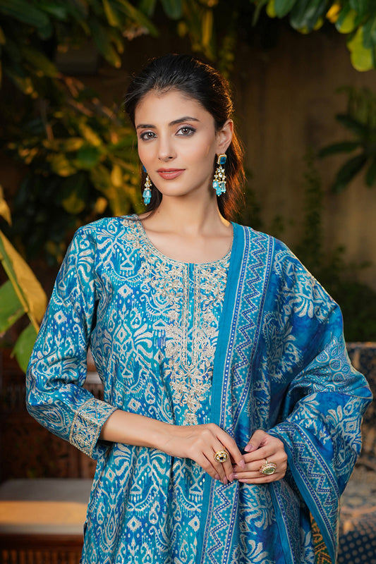 Blue Silk Blend Ikat Printed Straight Kurta Trousers With Dupatta SKSKD3106
