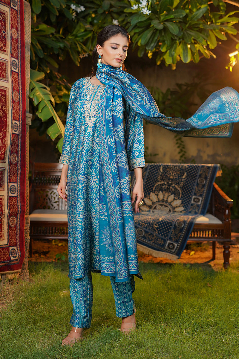 Blue Silk Blend Ikat Printed Straight Kurta Trousers With Dupatta SKSKD3106