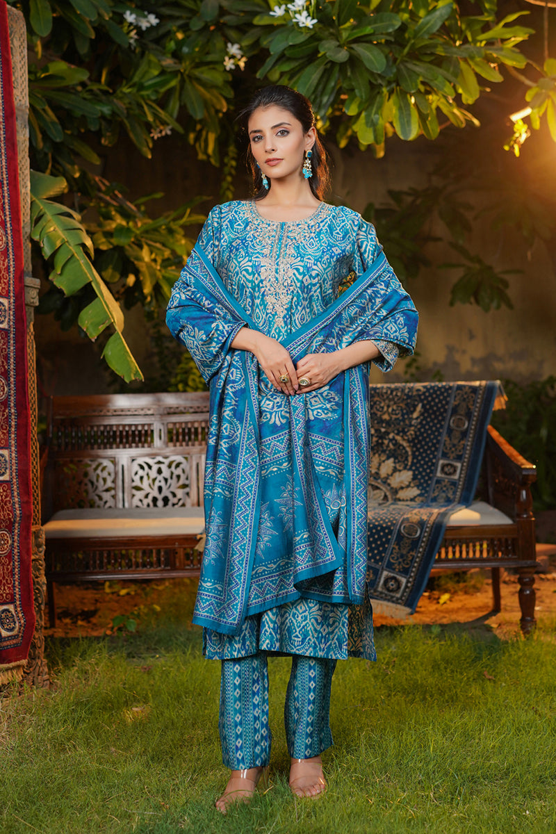 Blue Silk Blend Ikat Printed Straight Kurta Trousers With Dupatta SKSKD3106