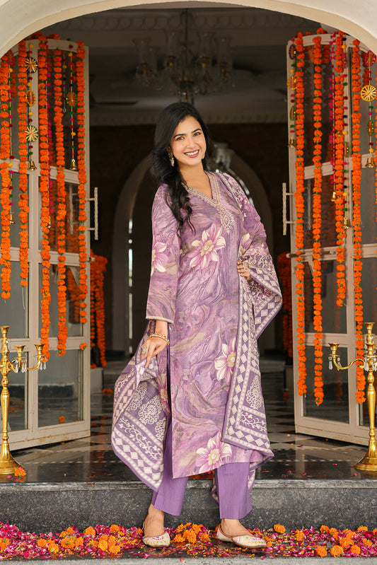 Lavender Viscose Rayon Floral Embroidered Straight Kurta Trousers With Dupatta SKSKD3124