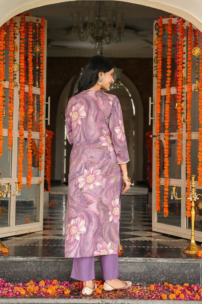 Lavender Viscose Rayon Floral Printed Straight Kurta Trousers With Dupatta SKSKD3124