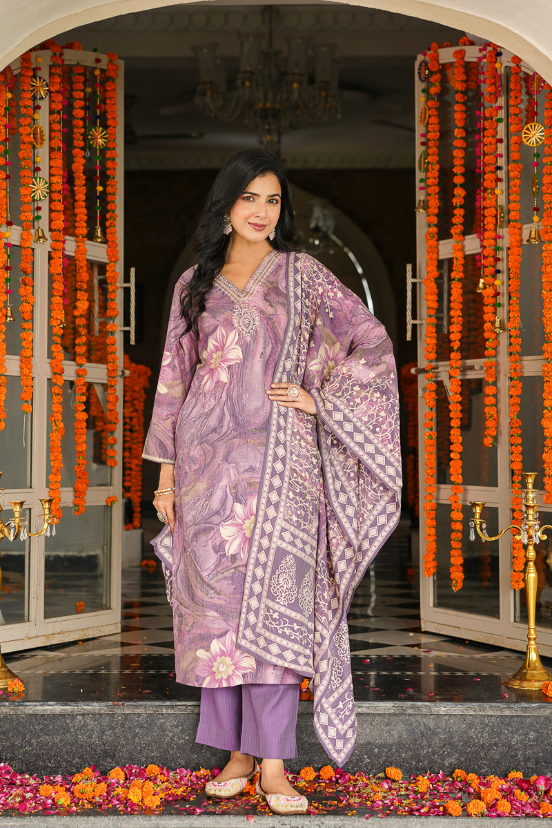 Lavender Viscose Rayon Floral Printed Straight Kurta Trousers With Dupatta SKSKD3124