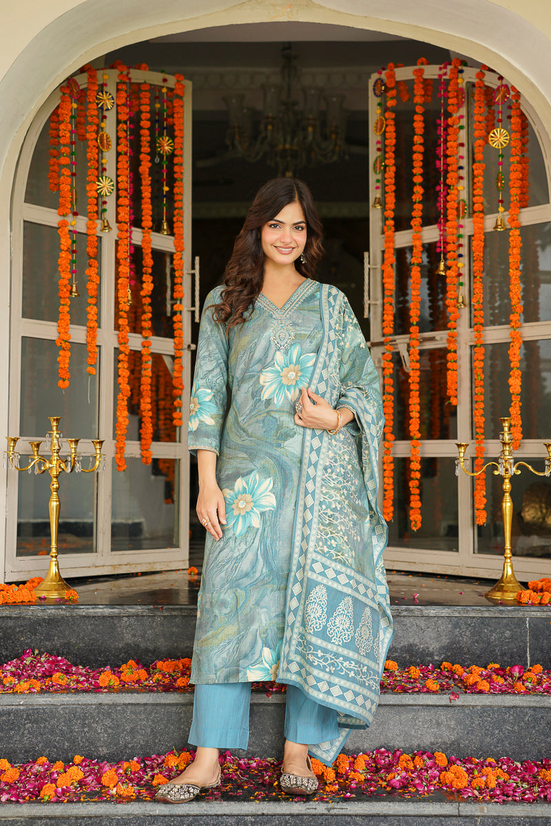 Blue Viscose Rayon Floral Printed Straight Kurta Trousers With Dupatta SKSKD3125