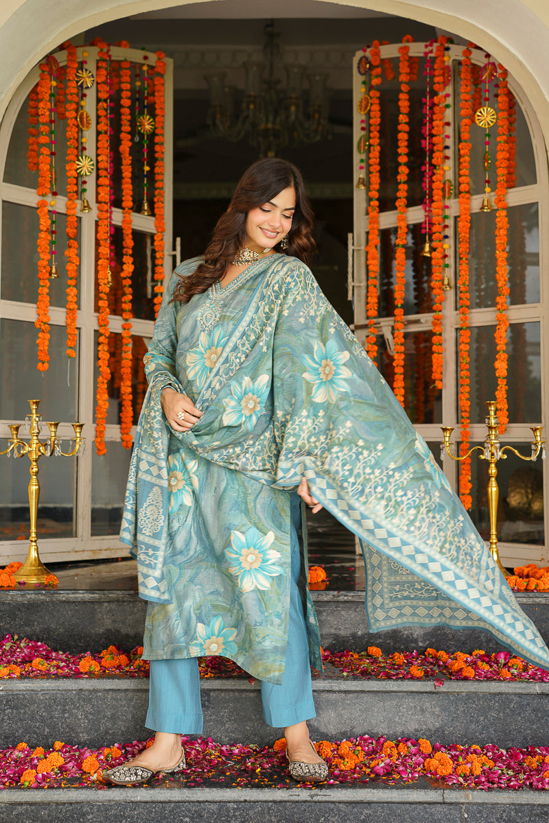 Blue Viscose Rayon Floral Printed Straight Kurta Trousers With Dupatta SKSKD3125
