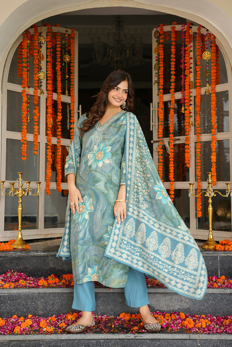 Blue Viscose Rayon Floral Printed Straight Kurta Trousers With Dupatta SKSKD3125
