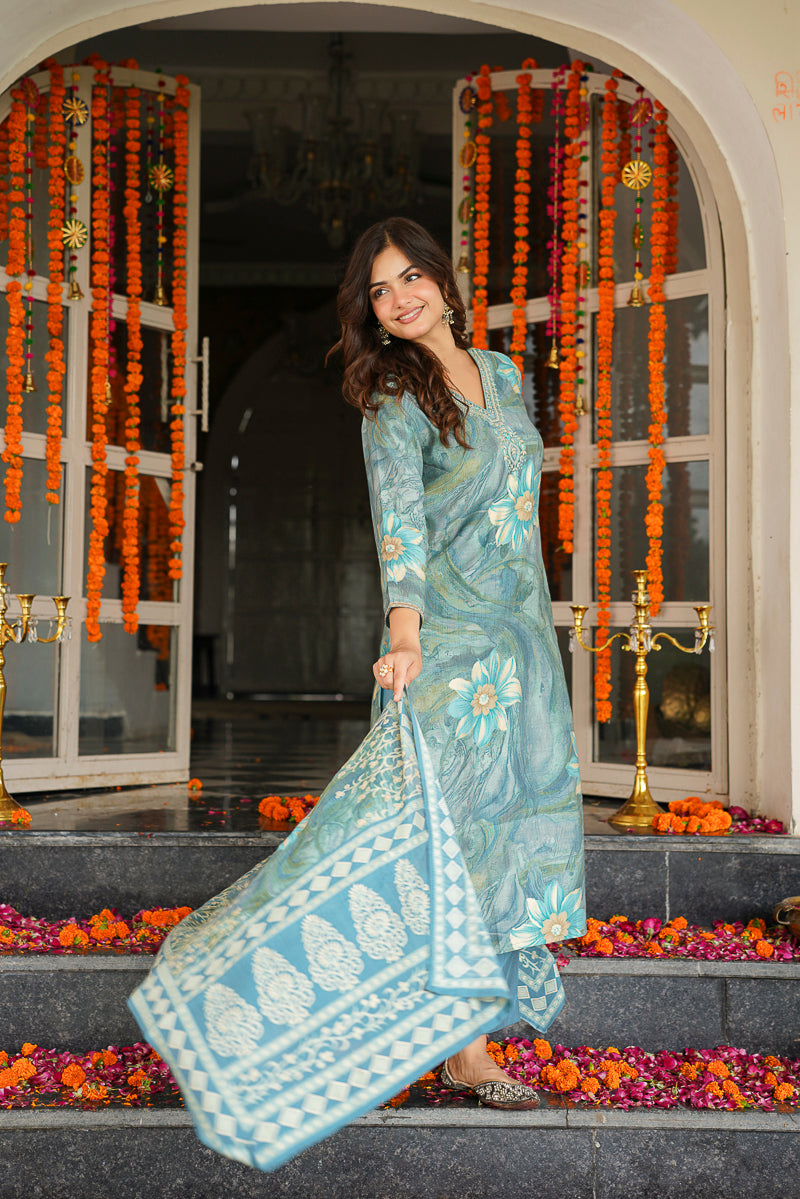 Blue Viscose Rayon Floral Printed Straight Kurta Trousers With Dupatta SKSKD3125