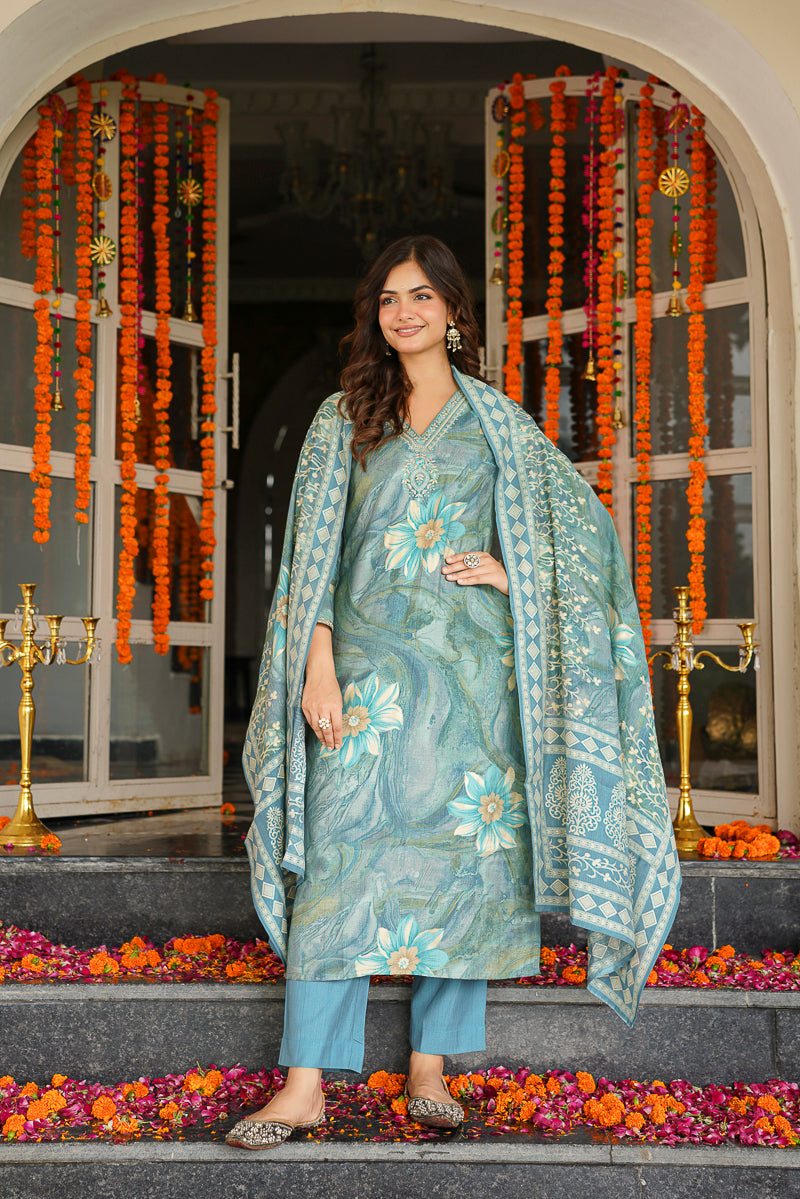 Blue Viscose Rayon Floral Printed Straight Kurta Trousers With Dupatta SKSKD3125