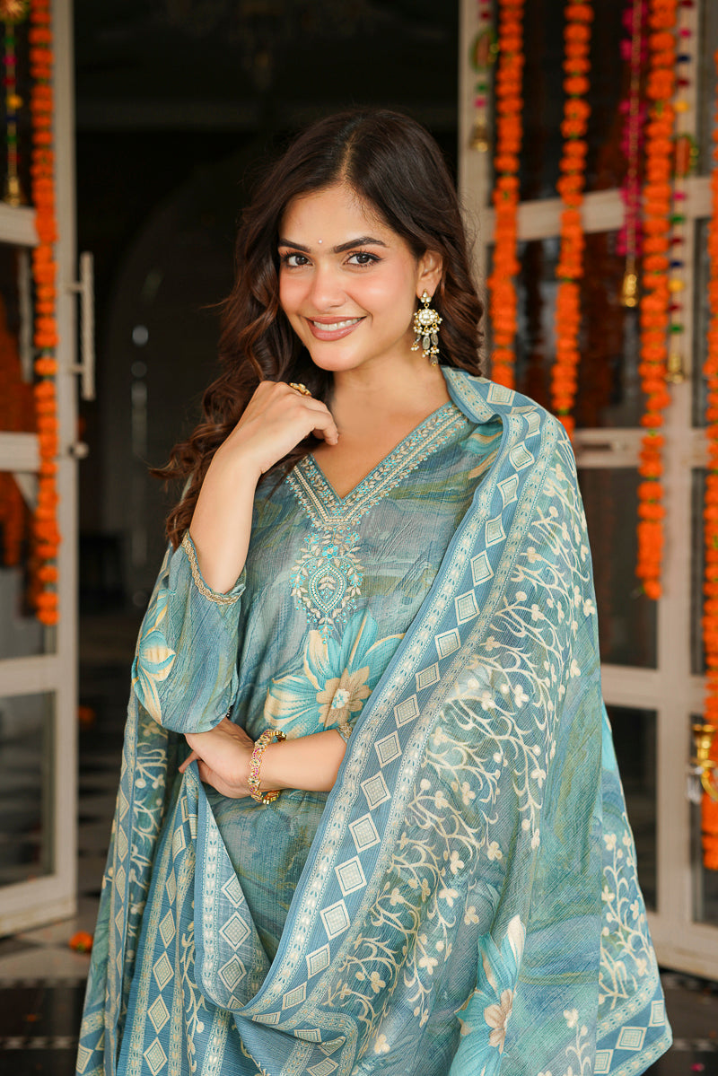 Blue Viscose Rayon Floral Printed Straight Kurta Trousers With Dupatta SKSKD3125