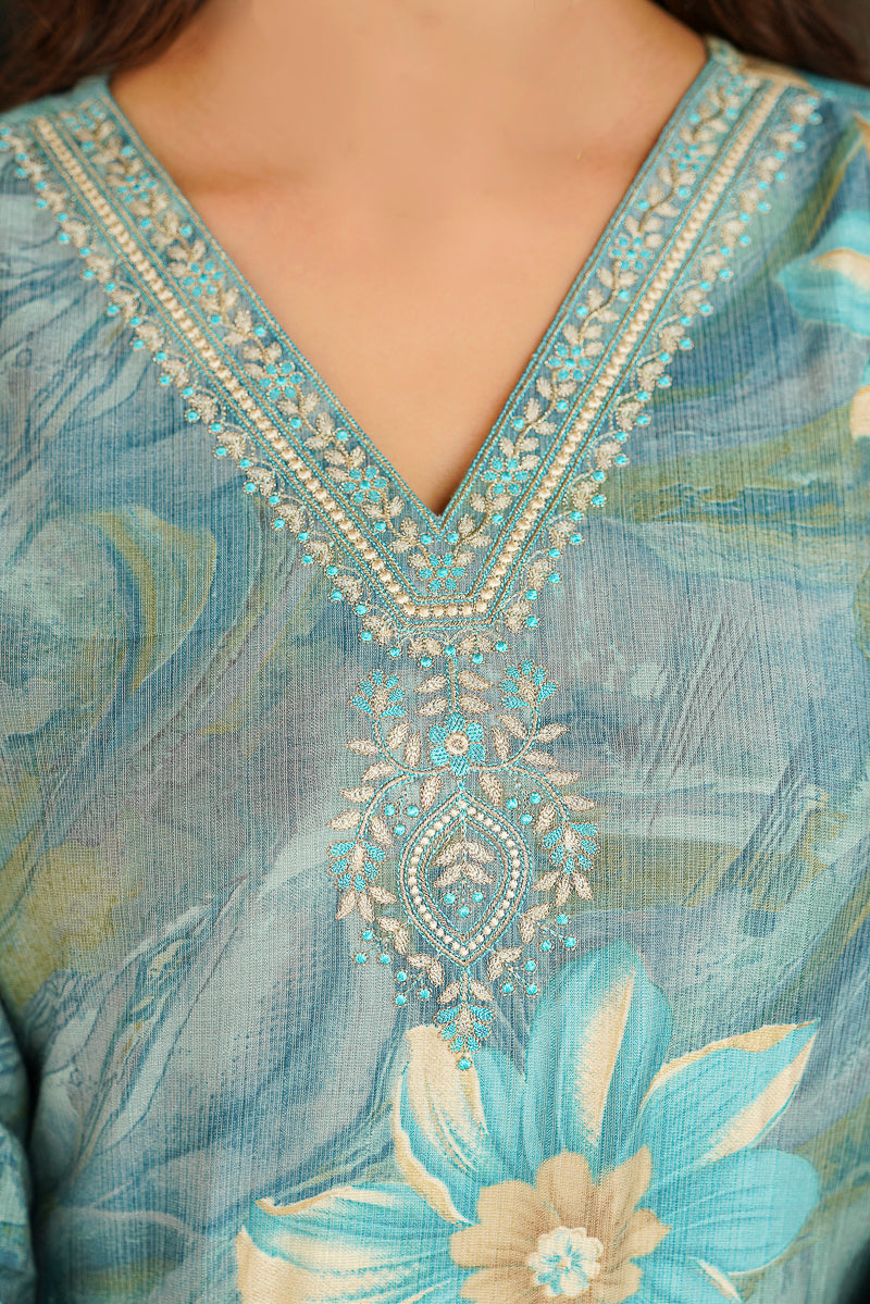 Blue Viscose Rayon Floral Embroidered Straight Kurta Trousers With Dupatta SKSKD3125