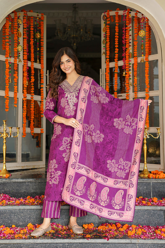 Purple Poly Chanderi Floral Embroidered Straight Kurta Trousers With Dupatta SKSKD3130