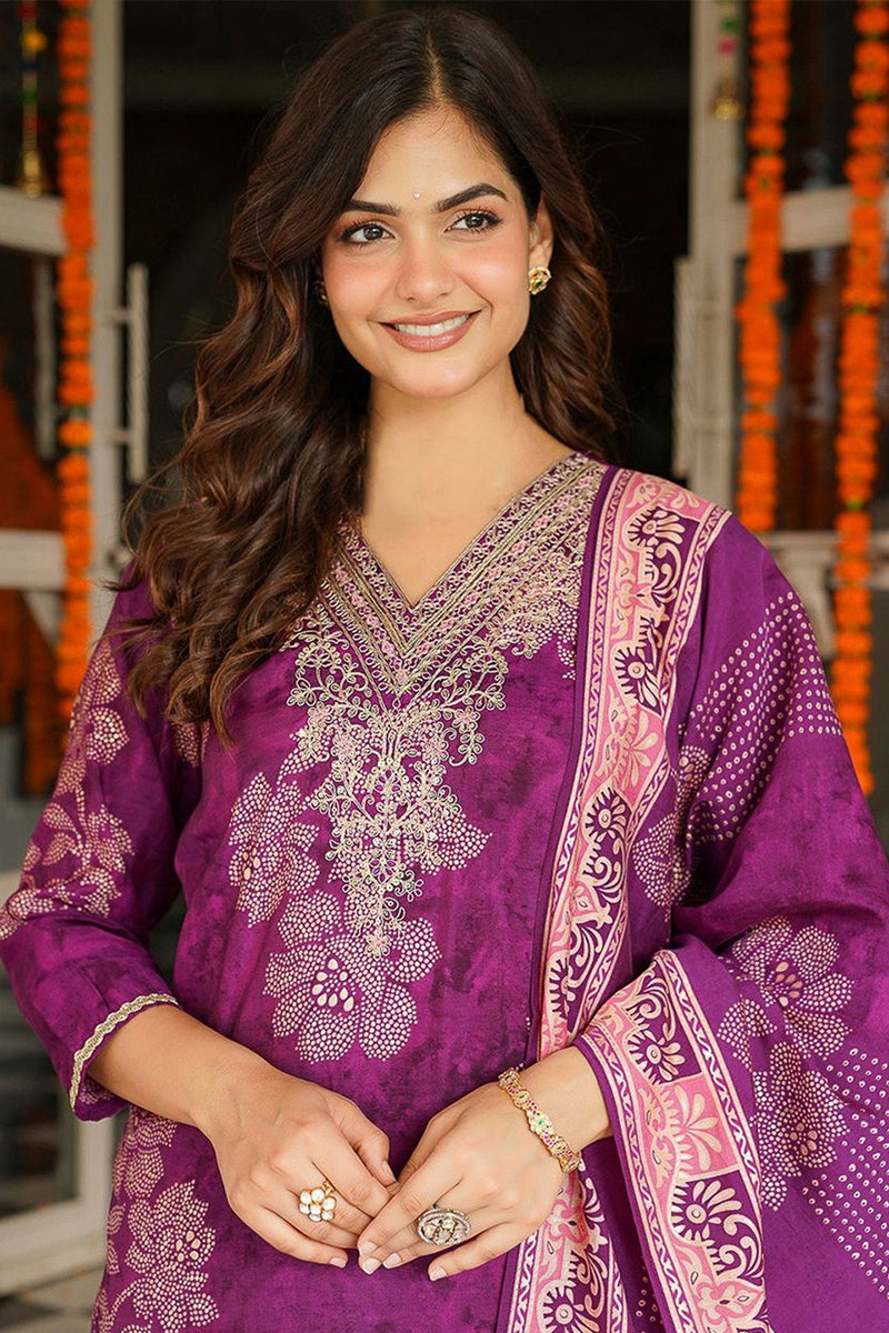 Purple Poly Chanderi Floral Embroidered Straight Kurta Trousers With Dupatta SKSKD3130
