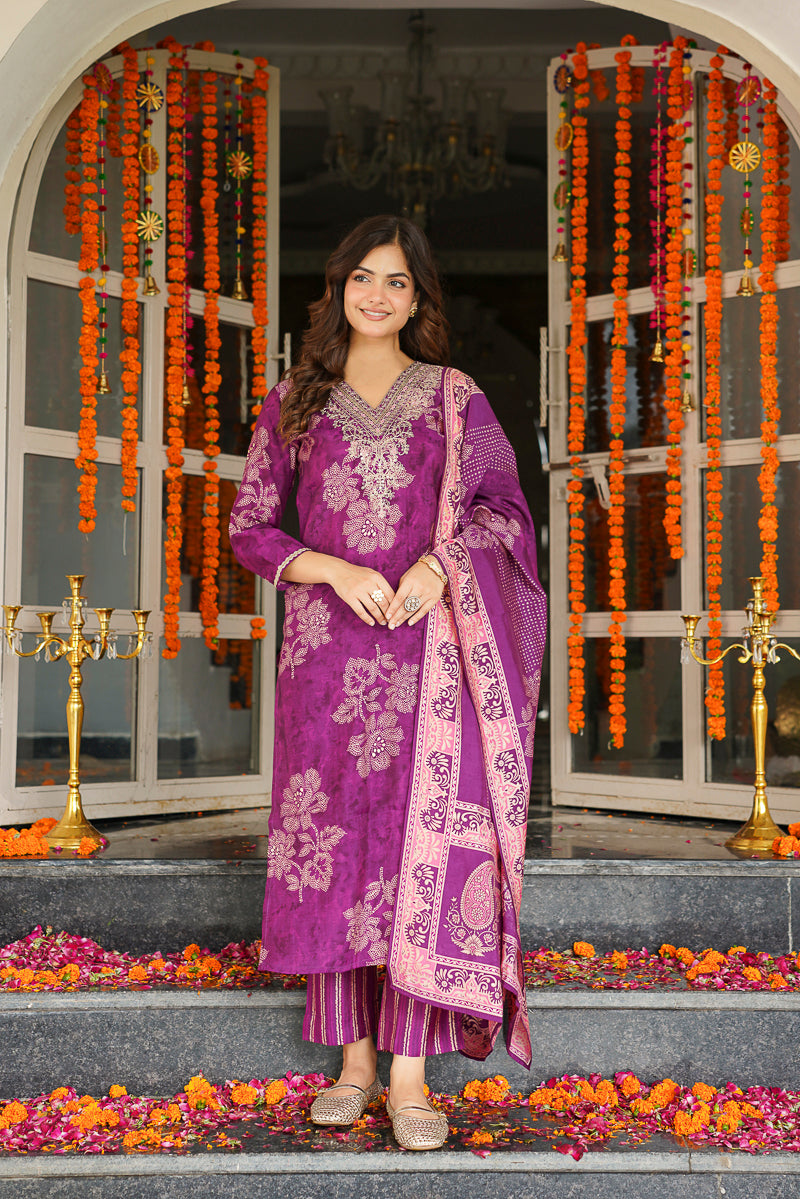 Purple Poly Chanderi Floral Embroidered Straight Kurta Trousers With Dupatta SKSKD3130